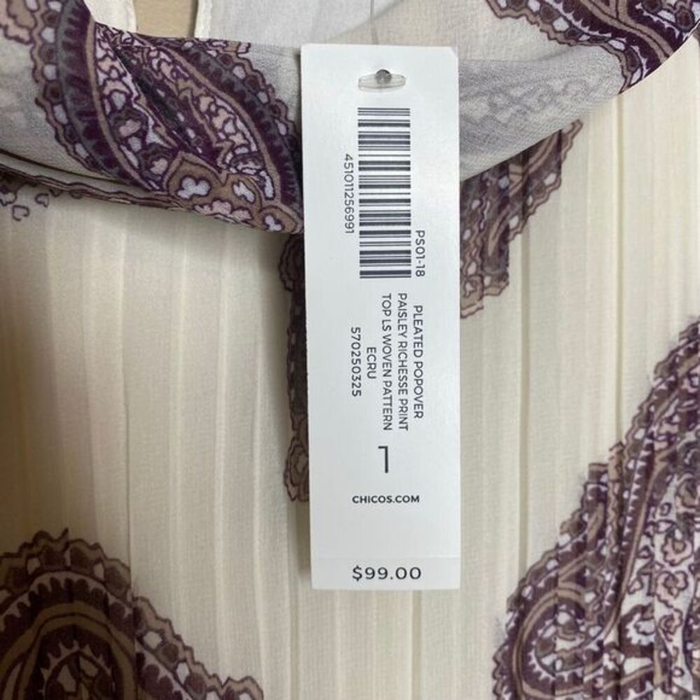 NW $99 CHICO'S Women's Pleated Paisley Popover Long Sheer Sleeve Blouse Sz1 8/10 - Picture 5 of 9
